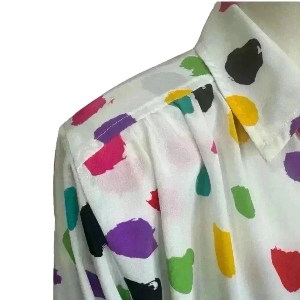 Vintage HELEN FABRIKANT NY Colorful Polka Dot Tie Front Blouse Button Up Small - Picture 6 of 11